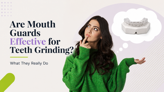 Woman thinking about a custom dental night guard for teeth grinding with a clear mouth guard displayed in a thought bubble.