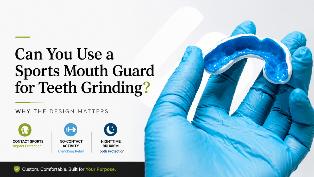 gloved hand holding sports mouth guard with text