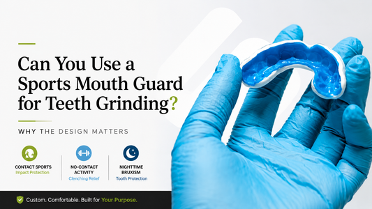 gloved hand holding sports mouth guard with text