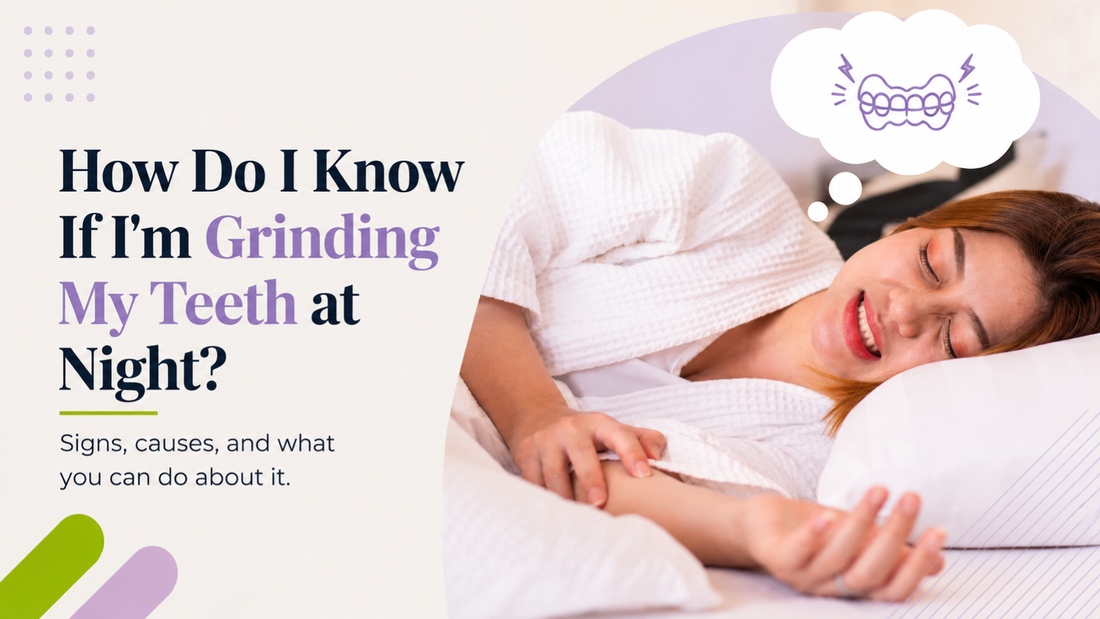 Woman sleeping while grinding her teeth at night with illustration representing nighttime bruxism symptoms.