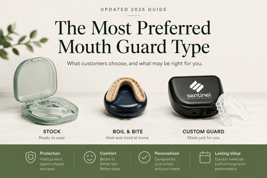 Stock, boil-and-bite, and custom mouth guards compared side by side.